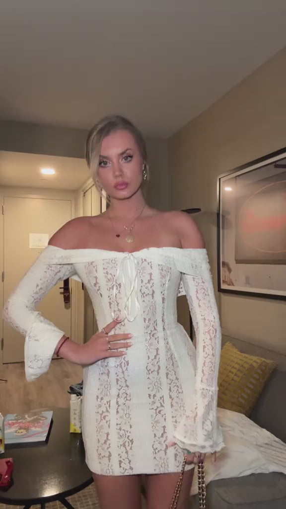 Suzzy Off Shoulder Mini Long Sleeve Dress- White