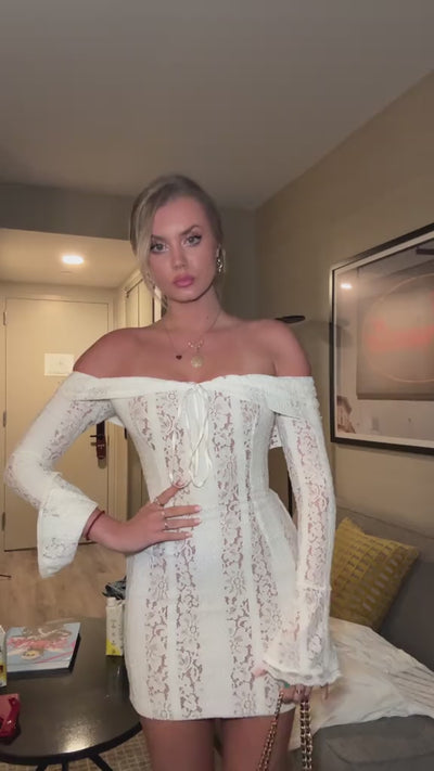 Suzzy Off Shoulder Mini Long Sleeve Dress- White
