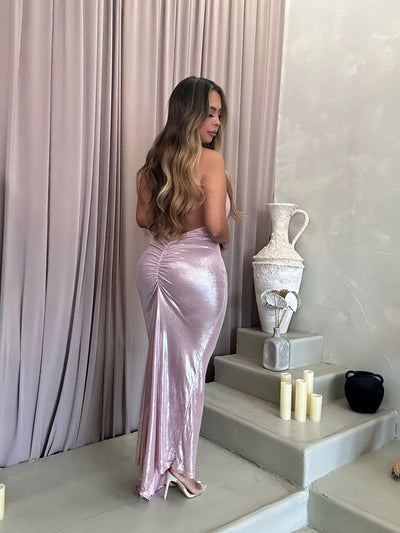 “Constansa” Backless Shimmer Maxi Gown -Pink
