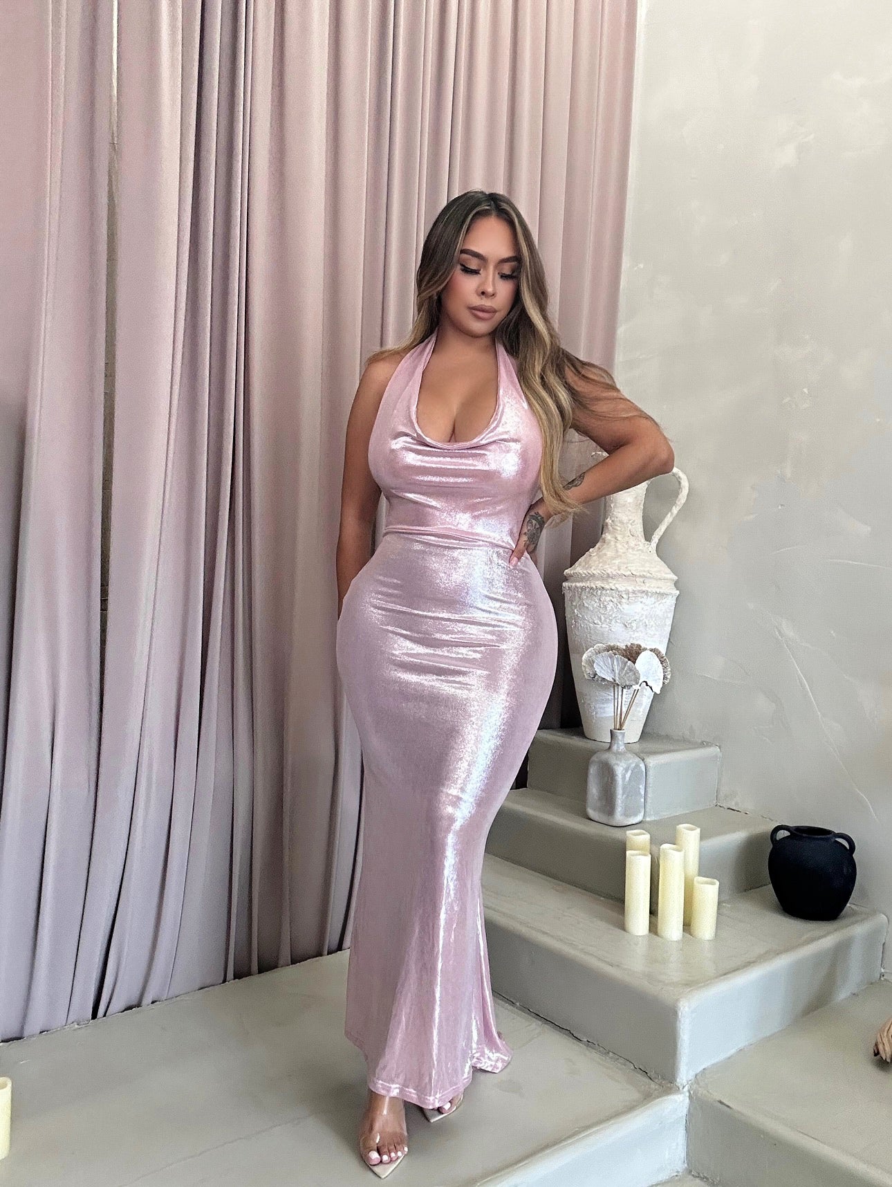 “Constansa” Backless Shimmer Maxi Gown -Pink