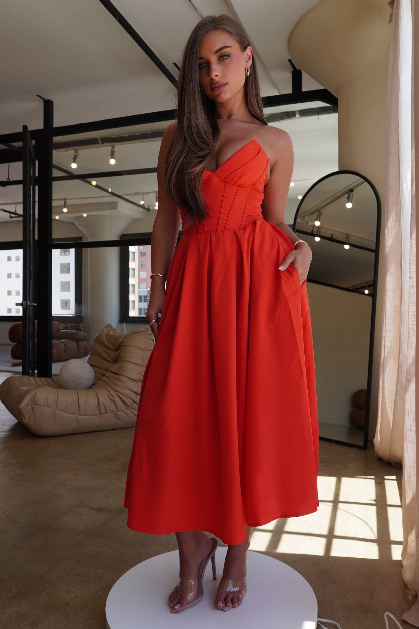 "Charlotte" Strapless Midi Dress - Red "Charlotte" Strapless Midi Dress - Red