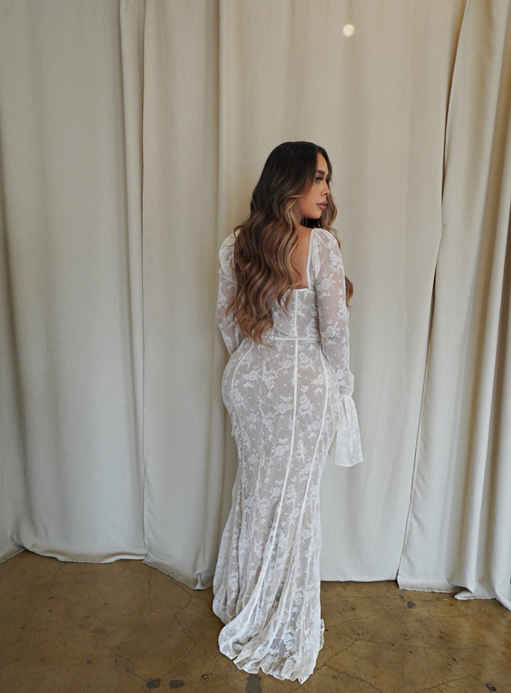 Dhelia Vintage Print Lace Maxi Dress- Cream White XS