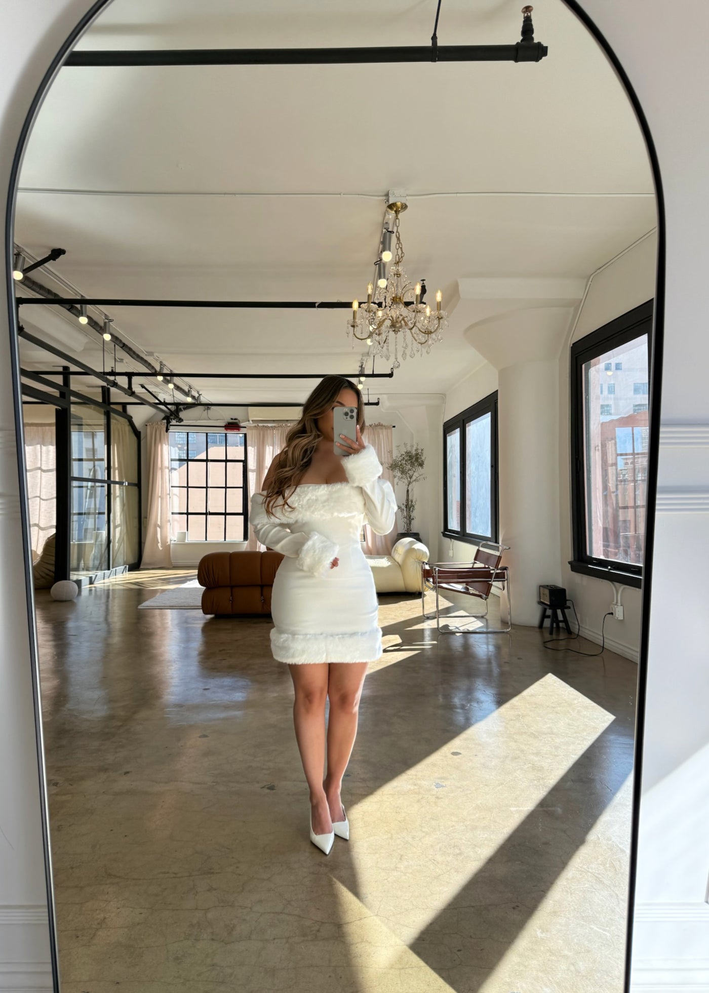 "Gwinn" Long Sleeve Fur Trim Dress -White "Gwinn" Long Sleeve Fur Trim Dress -White
