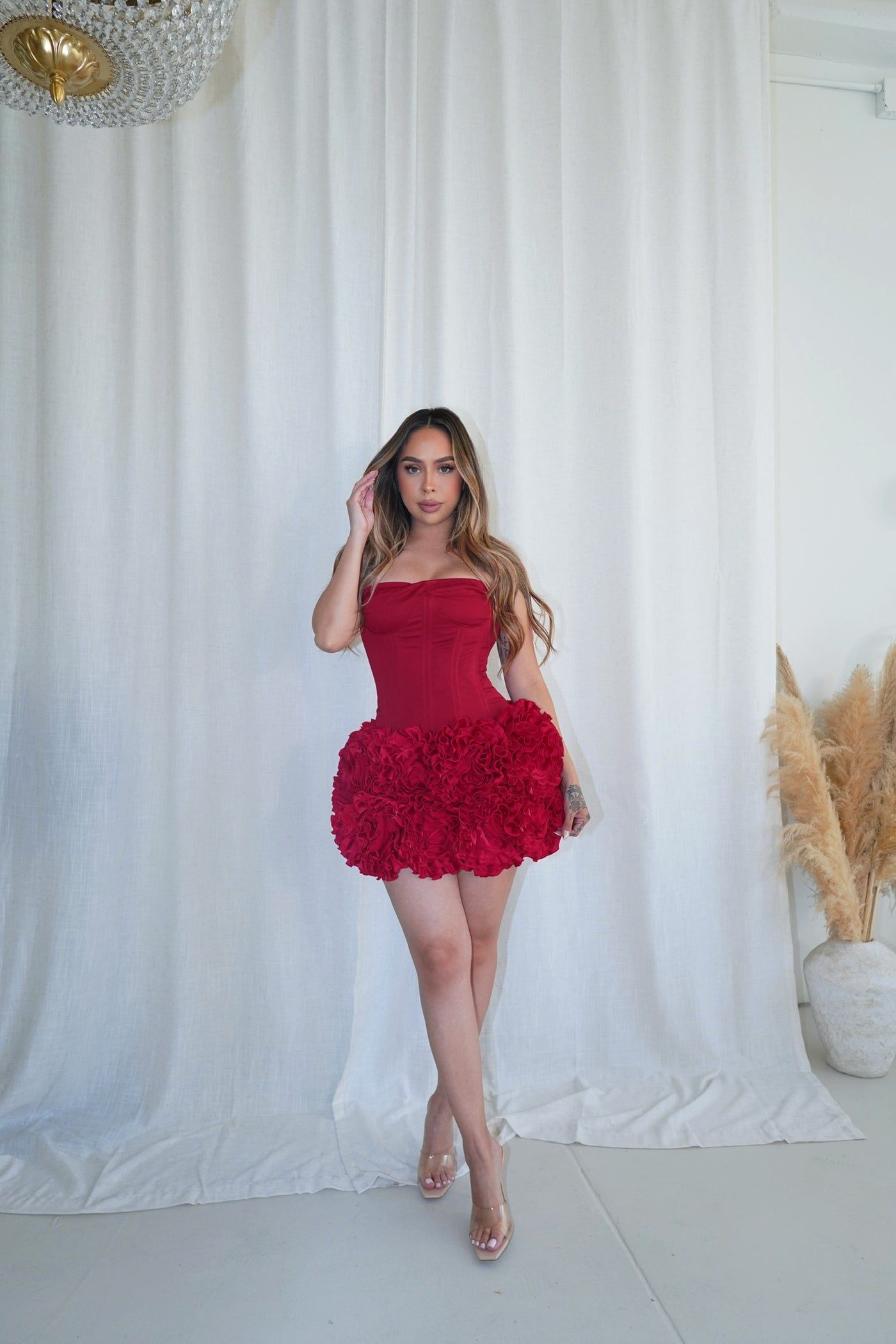 "Scarlett " Two piece Dress Corset + Ruffle Skirt Set- Red