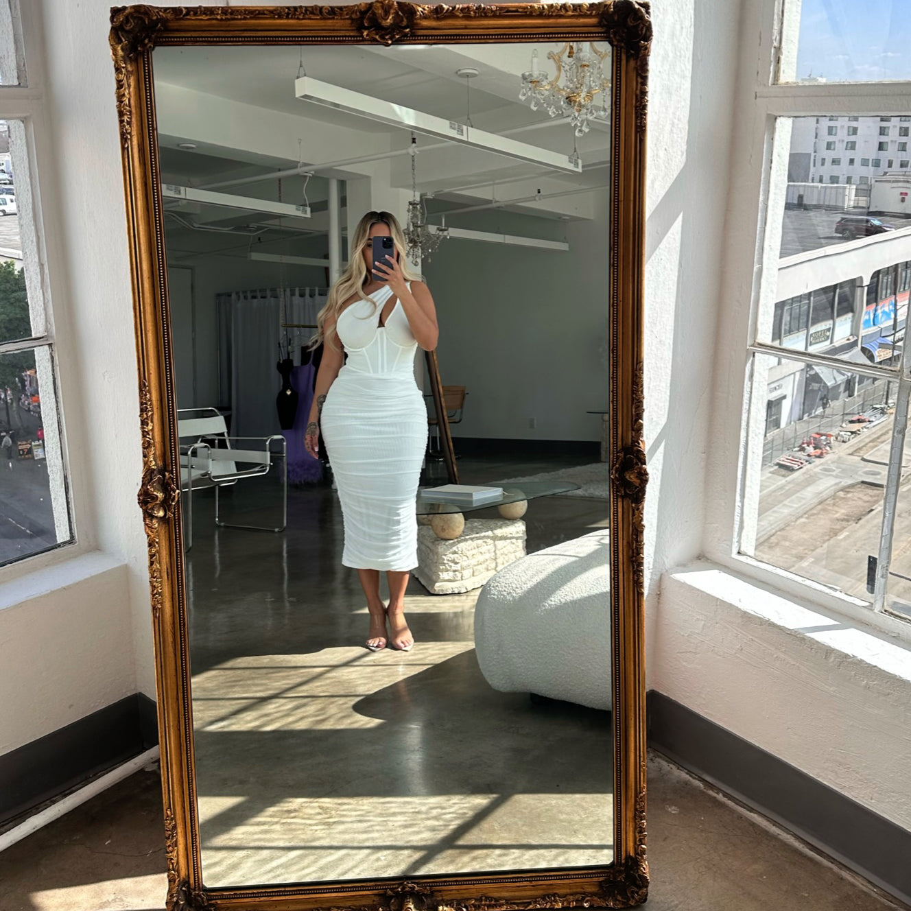 Lizette Ruched Bodycon Corset Midi Dress XL / White Lizette Ruched Bodycon Corset Midi Dress XL / White