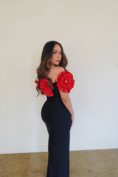 "Katia" Off Shoulder Flower detail Bandage Dress - Black