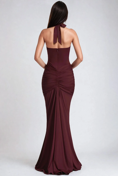 Tiana Deep Neckline Maxi Halter Dress -Wine Red