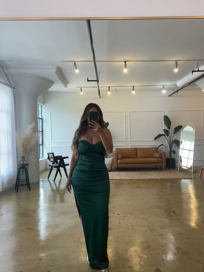"LAYLA" Side Slit Satin Long Dress - Emerald Green