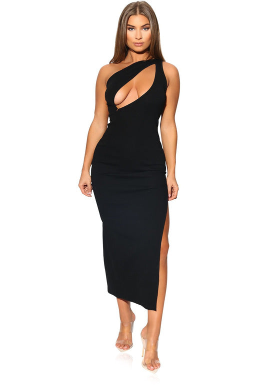 "NIKITA" ONE SHOULDER MAXI BODYCON DRESS - BLACK - TOXIC ENVY BOUTIQUE 