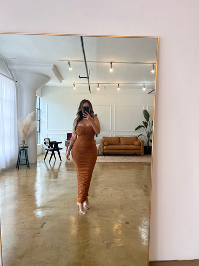 "Della" Ruched Long Dress - Brown - TOXIC ENVY BOUTIQUE 
