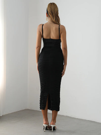 "Della" Ruched Long Dress - Black - TOXIC ENVY BOUTIQUE 