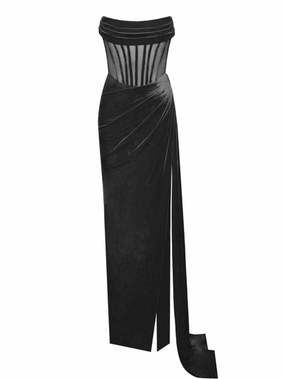 "Khali" Off Shoulder Corset Velvet Gown - Black - TOXIC ENVY BOUTIQUE 