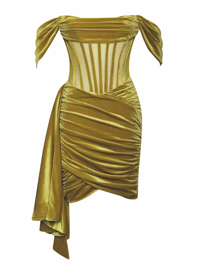 "Khari" Off Shoulder Corset Velvet Dress -Gold - TOXIC ENVY BOUTIQUE 