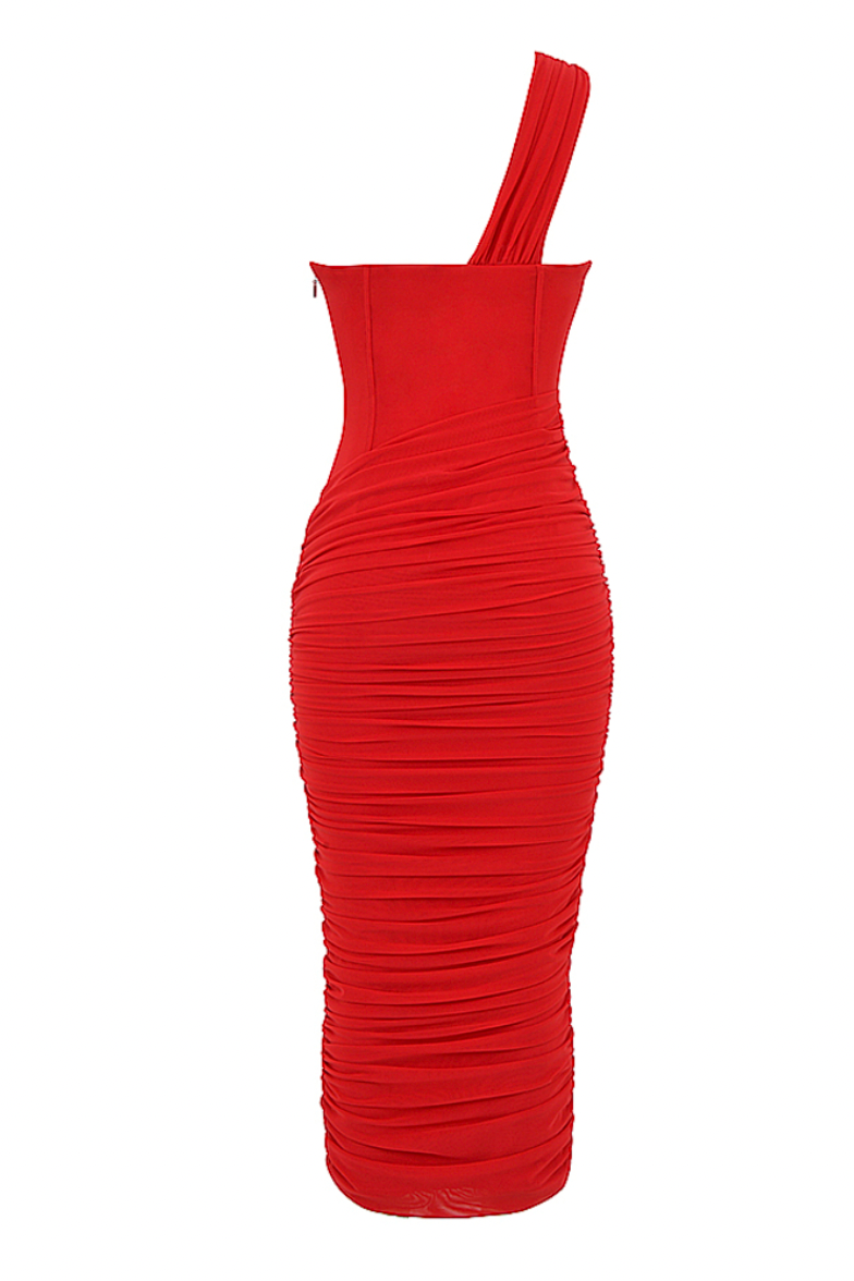 Ruched Bodycon Midi Dress- Red M Ruched Bodycon Midi Dress- Red M