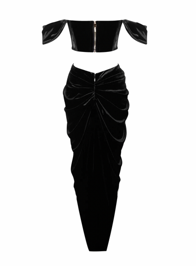 "Caroline" Off Shoulder Corset Velvet Gown with Gloves -Black - TOXIC ENVY BOUTIQUE 