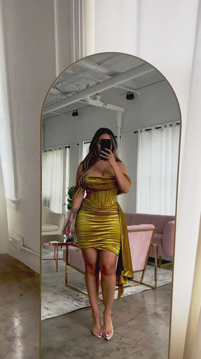 "Khari" Off Shoulder Corset Velvet Dress -Gold
