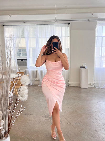 "Mila" Draped Satin Dress - Pink - TOXIC ENVY BOUTIQUE 