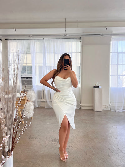 "Mila" Draped Satin Dress - White - TOXIC ENVY BOUTIQUE 