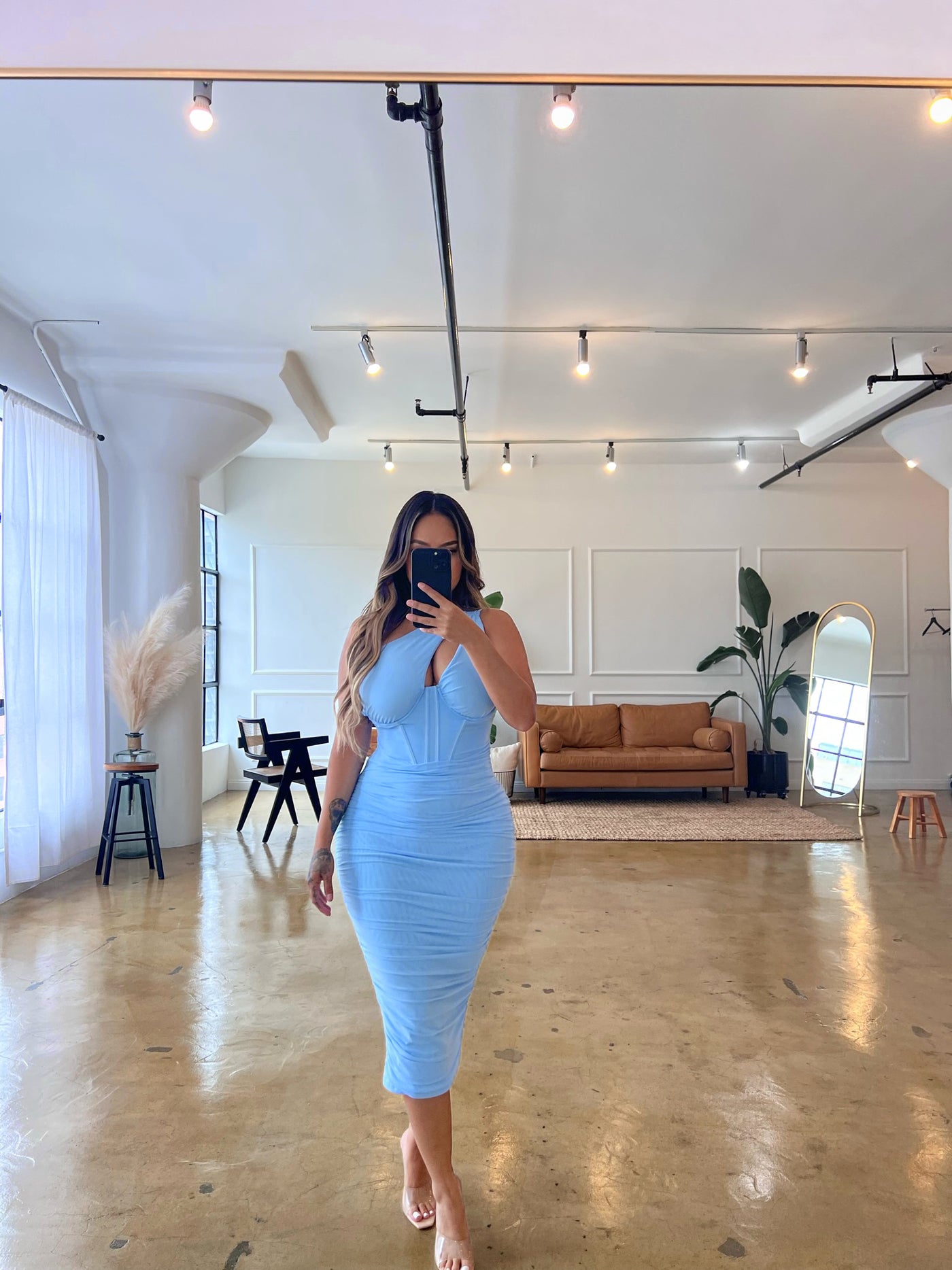 ruched bodycon dress blue Strapless Satin Ruched Bodycon Dress in Light Blue