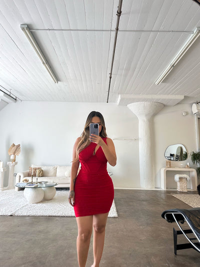 "Lizette" Ruched Bodycon Mini Dress- Red - TOXIC ENVY BOUTIQUE 