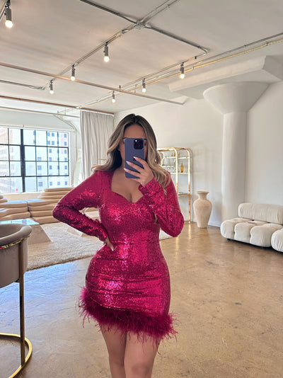 "Helena" Long Sleeve Feather Trim Sequin Dress - Pink - TOXIC ENVY BOUTIQUE 