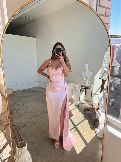 "Esme" Corset Front Slit Satin Gown- Light Pink - TOXIC ENVY BOUTIQUE 