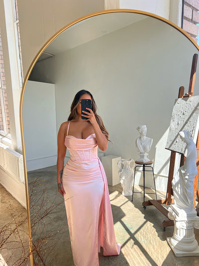 "Esme" Corset Front Slit Satin Gown- Light Pink - TOXIC ENVY BOUTIQUE 